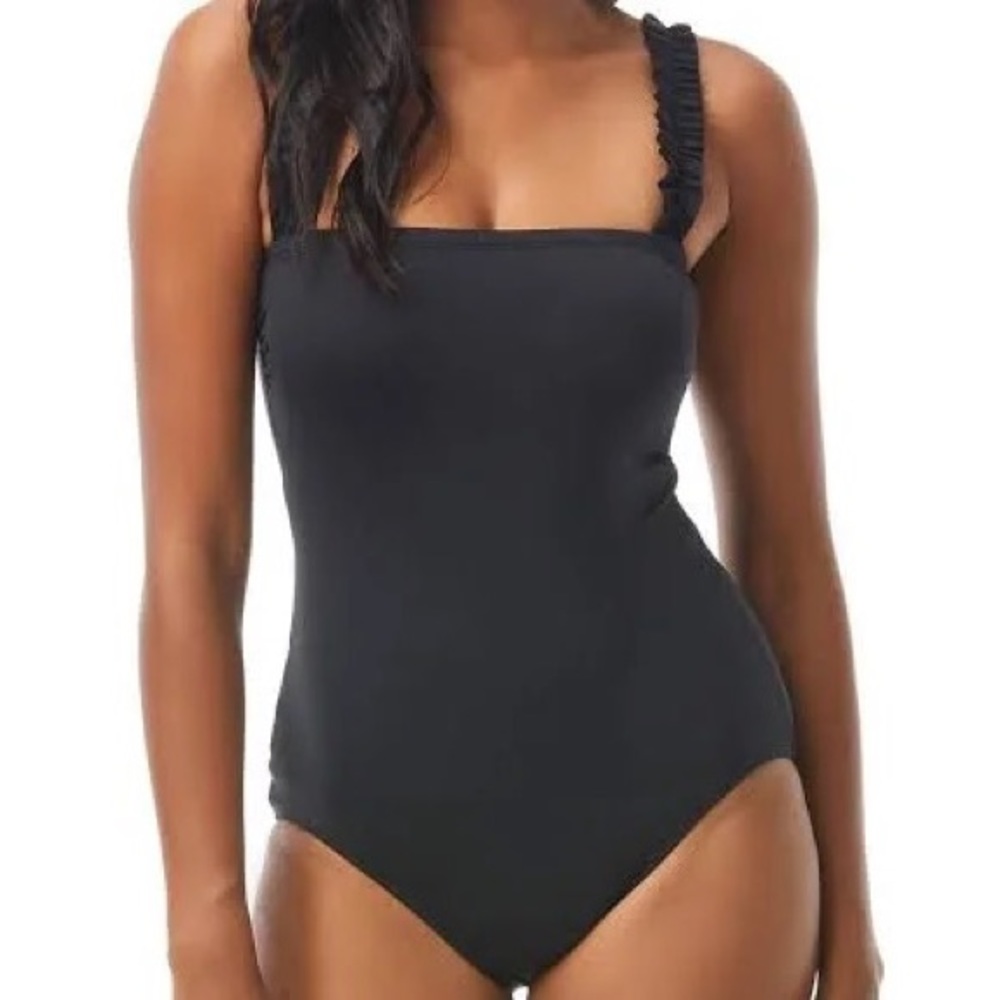 Kate Spade New York Womens Black Ruffle Straps One Piece Swimsuit US Size Large